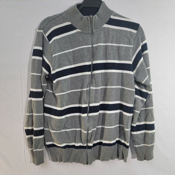 Basic Elements Gray Striped Full Zip Sweater Cotton Blend Men SZ S - Picture 2 of 7